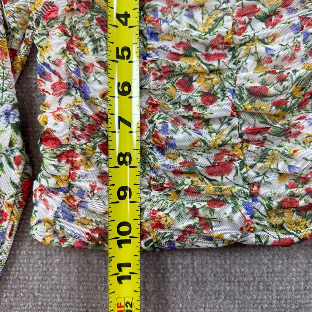 Almost Famous Women Floral Mesh Ruched Crop Top Long Sleeve Smocked Back M Y2K - Picture 2 of 8